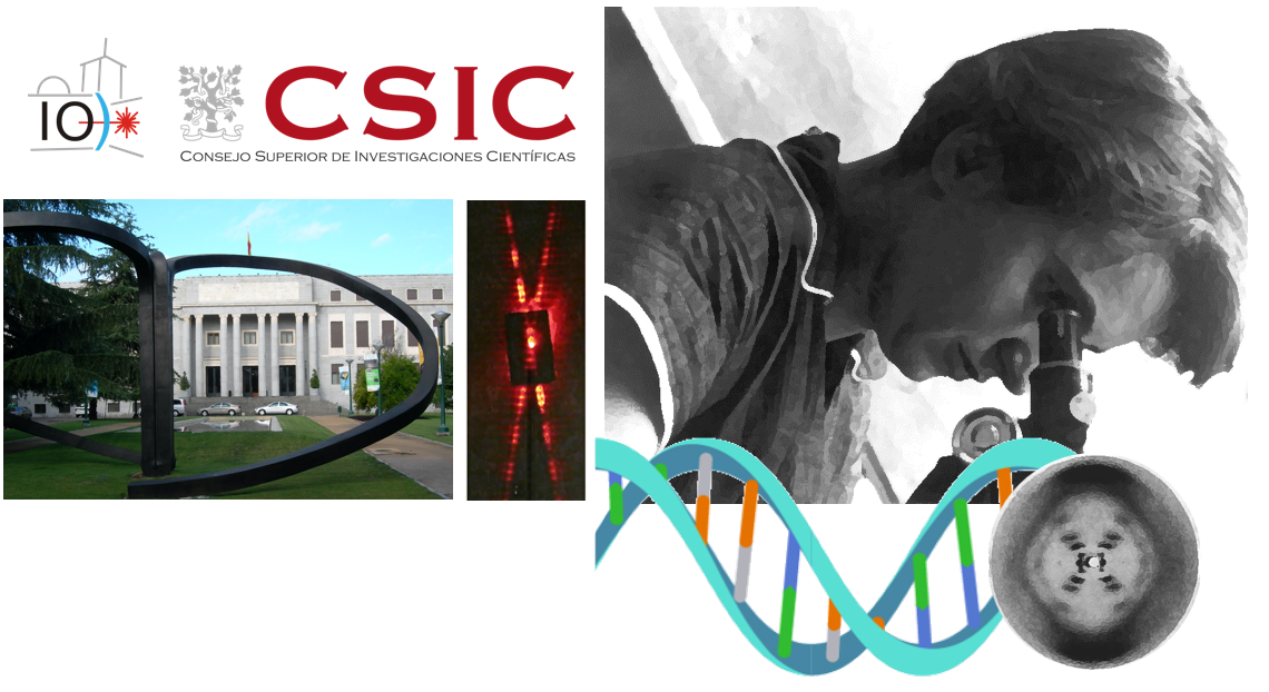 Logos del CSIC, foto de una mujer joven mirando al microscopio, la famosa foto 51 del ADN y la fachada del CSIC