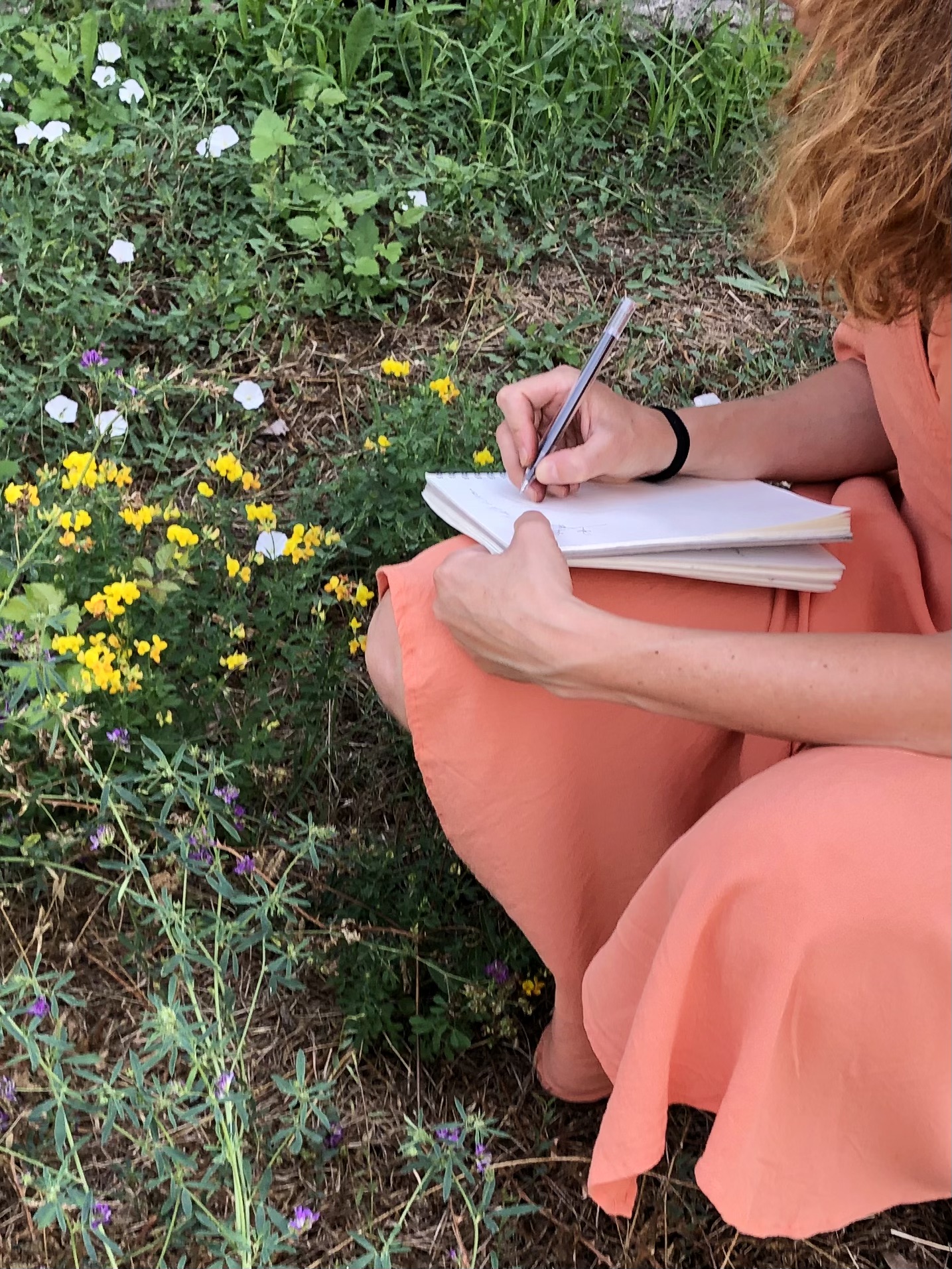 Registrando flores en un coaderno
