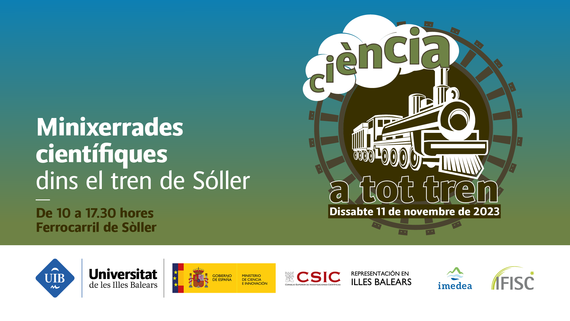 Cartel de la actividad en la que se ve un tren con la frase "Ciencia a tot tren"