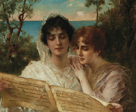 conrad kiesel - two young ladies reading a manuscript